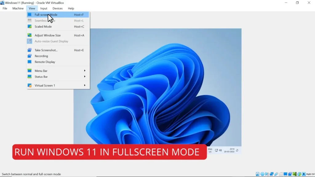 After Rebooting the Virtual Machine Click on the View Menu and Click on the Full Screen Mode