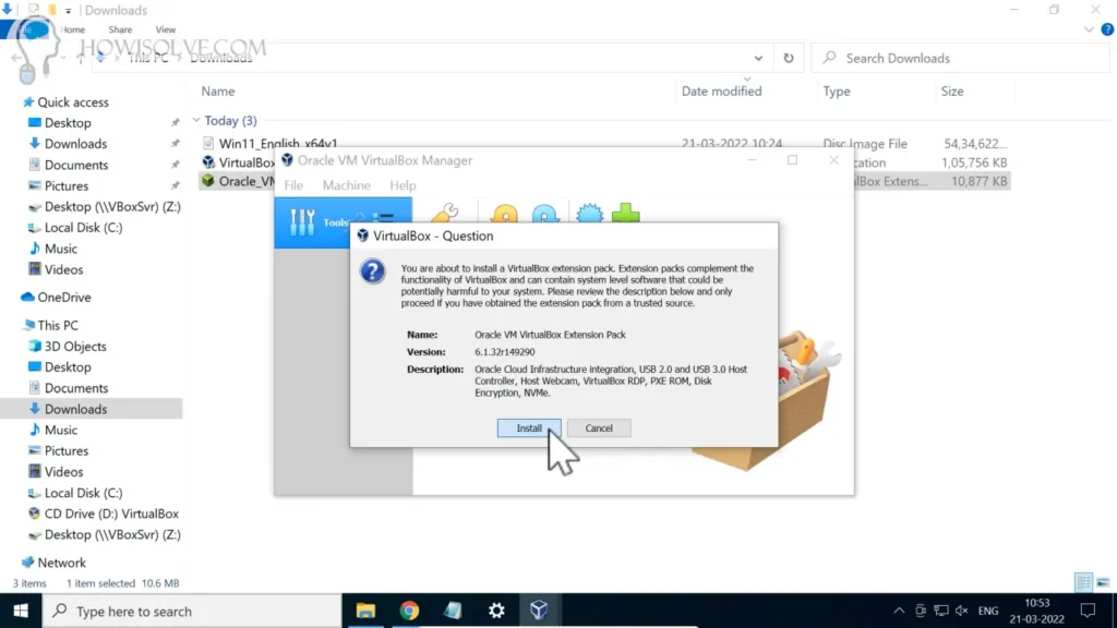 Click on the Install Button to Install VirtualBox Extention Pack